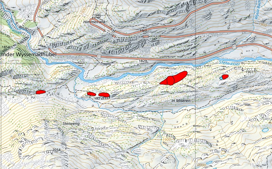 swisstopo national map showing the protected perimeter of In Miseren (Raised bog)