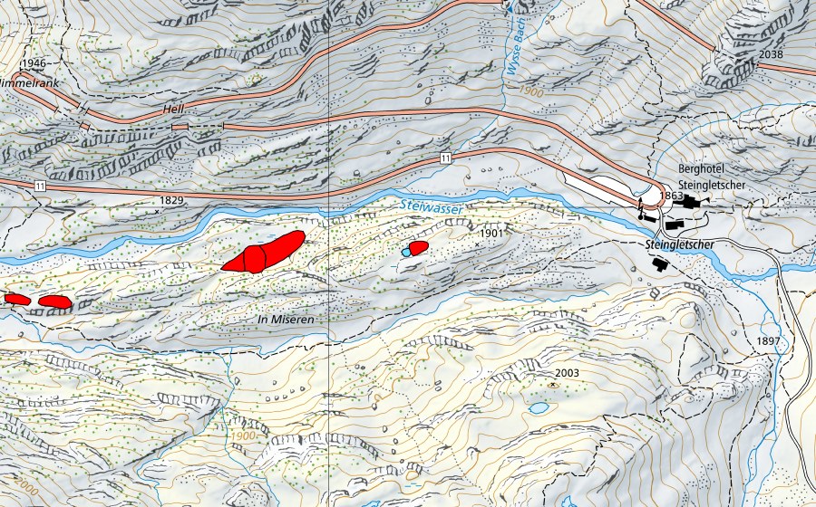 swisstopo national map showing the protected perimeter of In Miseren (Raised bog)
