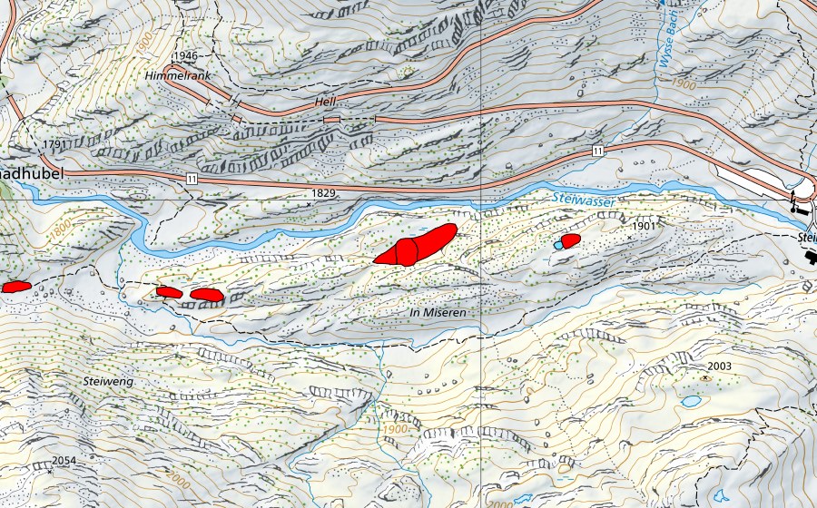 Carte nationale swisstopo avec le périmètre protégé de In Miseren (Haut-marais)