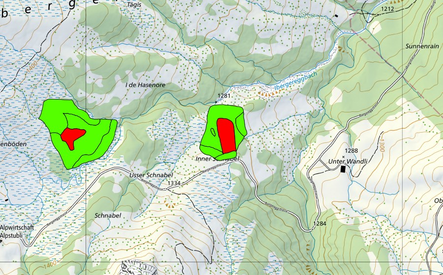 swisstopo national map showing the protected perimeter of Inner und Usser Schnabel (Raised bog)