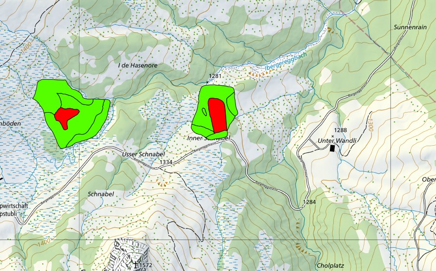 Carte nationale swisstopo avec le périmètre protégé de Inner und Usser Schnabel (Haut-marais)