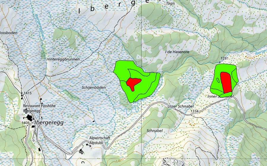 Landeskarte swisstopo mit dem Schutzperimeter von Inner und Usser Schnabel (Hochmoor)