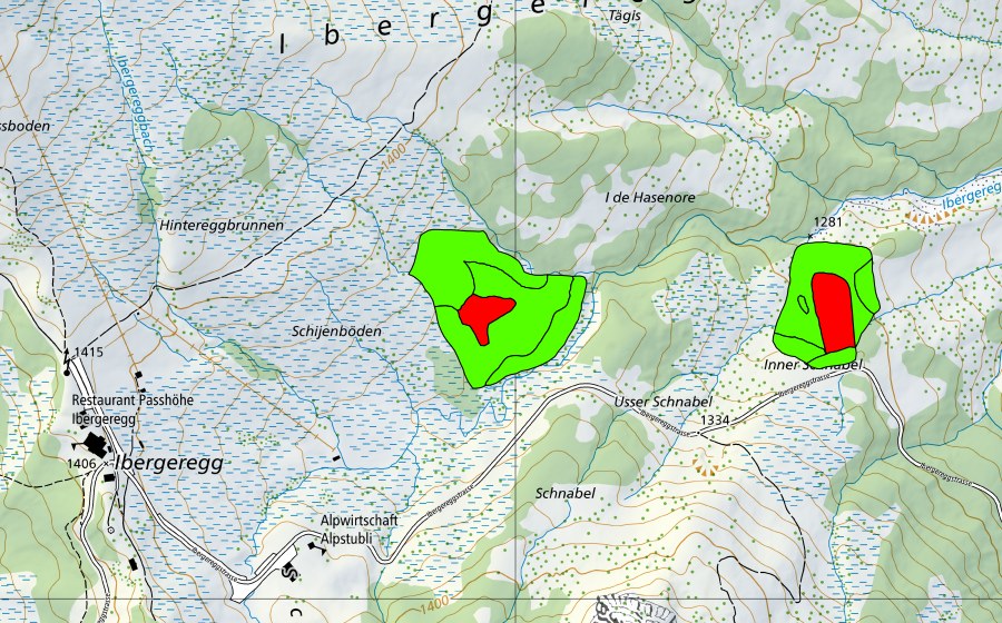 Landeskarte swisstopo mit dem Schutzperimeter von Inner und Usser Schnabel (Hochmoor)