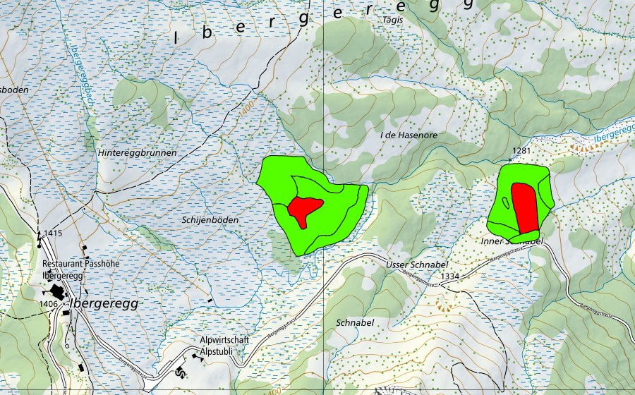 Landeskarte swisstopo mit dem Schutzperimeter von Inner und Usser Schnabel (Hochmoor)