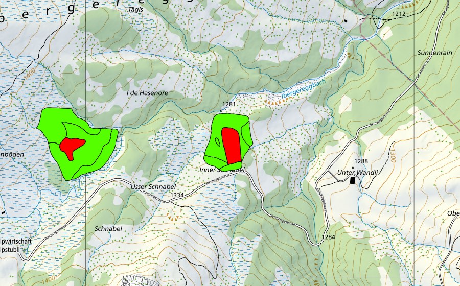 swisstopo national map showing the protected perimeter of Inner und Usser Schnabel (Raised bog)