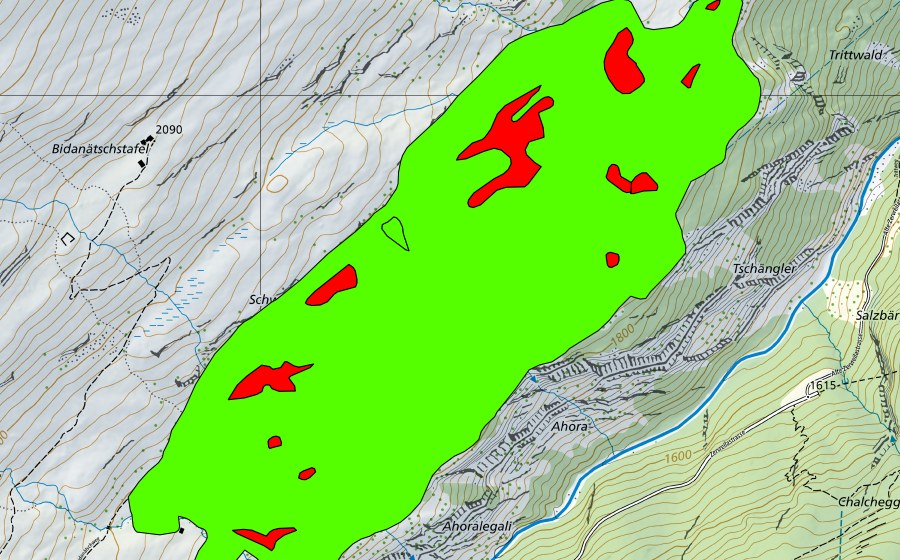swisstopo national map showing the protected perimeter of Kristalloch (Raised bog)