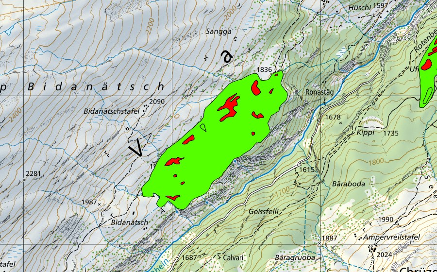 Carte nationale swisstopo avec le périmètre protégé de Kristalloch (Haut-marais)