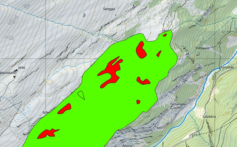 swisstopo national map showing the protected perimeter of Kristalloch (Raised bog)