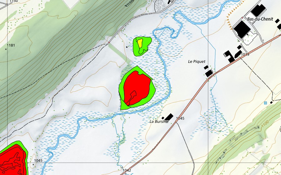 Carte nationale swisstopo avec le périmètre protégé de La Bursine (Haut-marais)