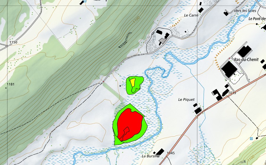 swisstopo national map showing the protected perimeter of La Bursine (Raised bog)