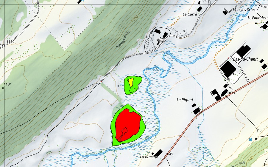 Landeskarte swisstopo mit dem Schutzperimeter von La Bursine (Hochmoor)