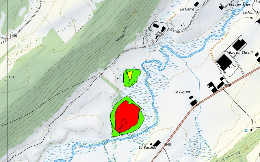 swisstopo national map showing the protected perimeter of La Bursine (Raised bog)