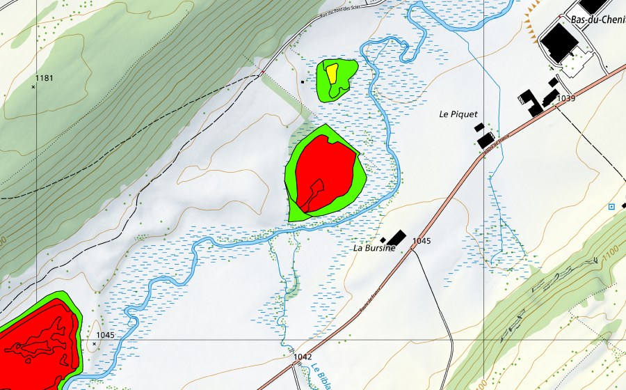 Carte nationale swisstopo avec le périmètre protégé de La Bursine (Haut-marais)