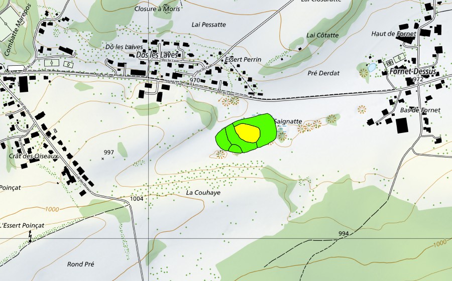 Carte nationale swisstopo avec le périmètre protégé de La Couaye (Haut-marais)