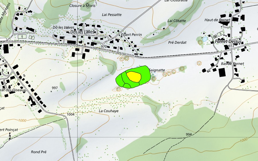 Carte nationale swisstopo avec le périmètre protégé de La Couaye (Haut-marais)