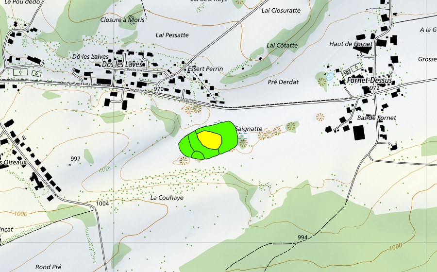 Carte nationale swisstopo avec le périmètre protégé de La Couaye (Haut-marais)