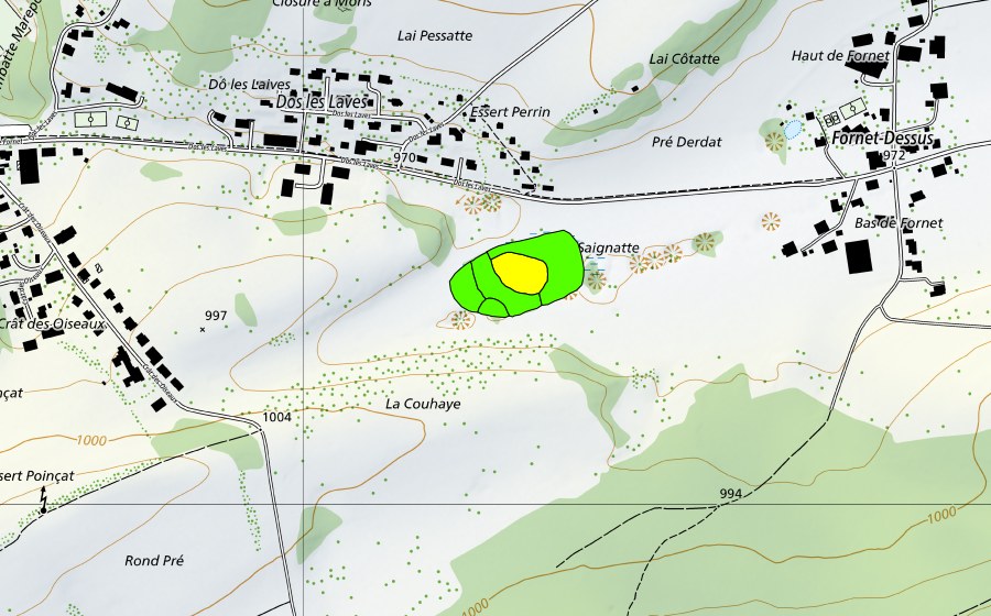 Carte nationale swisstopo avec le périmètre protégé de La Couaye (Haut-marais)