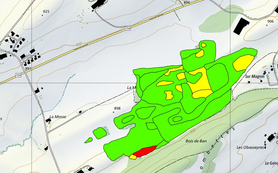 swisstopo national map showing the protected perimeter of La Mosse d'en Bas (Raised bog)