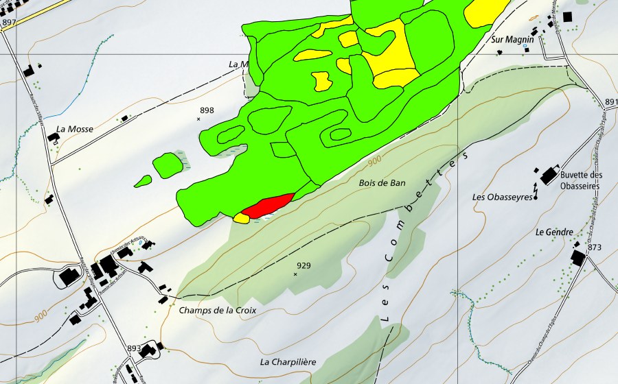 Carte nationale swisstopo avec le périmètre protégé de La Mosse d'en Bas (Haut-marais)