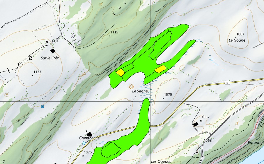 Carte nationale swisstopo avec le périmètre protégé de La Sagne au sud-ouest du Lieu (Haut-marais)