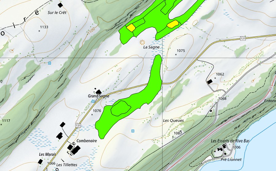 swisstopo national map showing the protected perimeter of La Sagne au sud-ouest du Lieu (Raised bog)