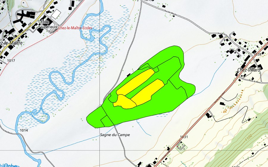 Carte nationale swisstopo avec le périmètre protégé de La Sagne du Campe (Haut-marais)