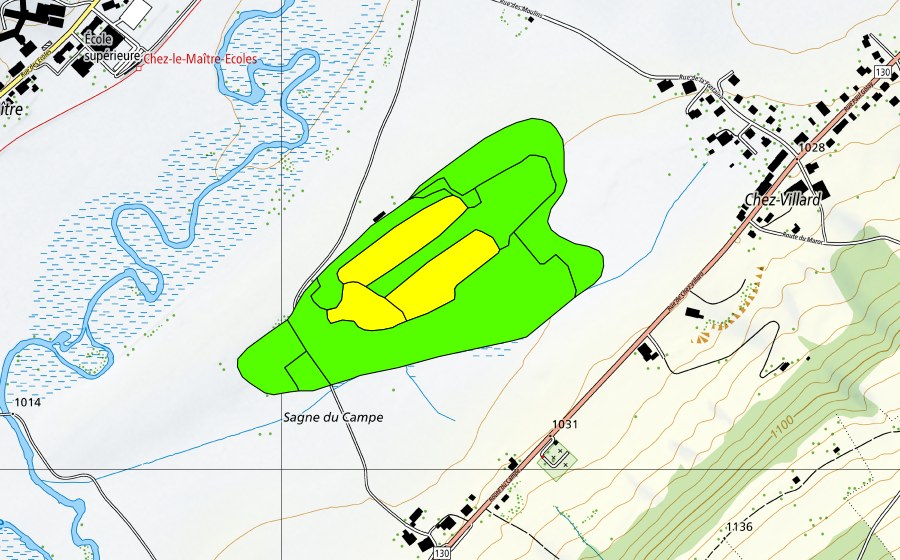 Carte nationale swisstopo avec le périmètre protégé de La Sagne du Campe (Haut-marais)