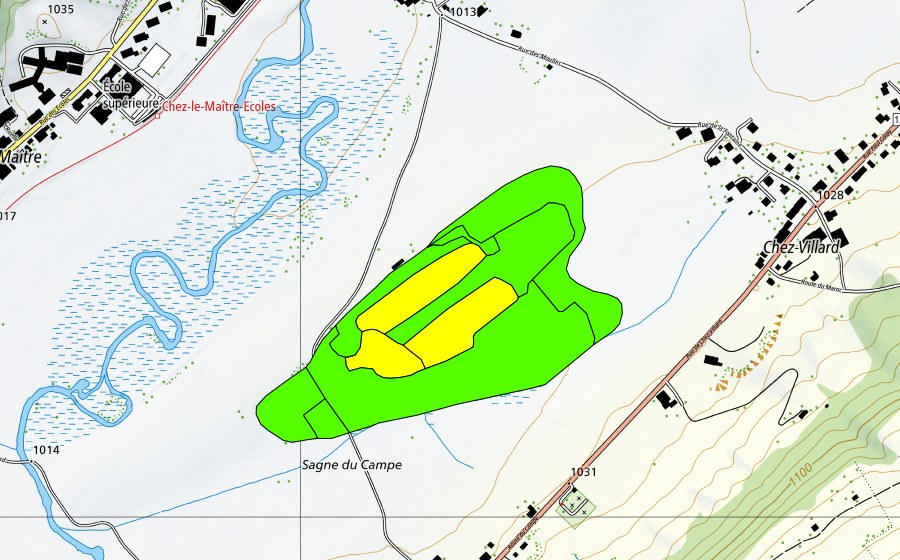 Landeskarte swisstopo mit dem Schutzperimeter von La Sagne du Campe (Hochmoor)