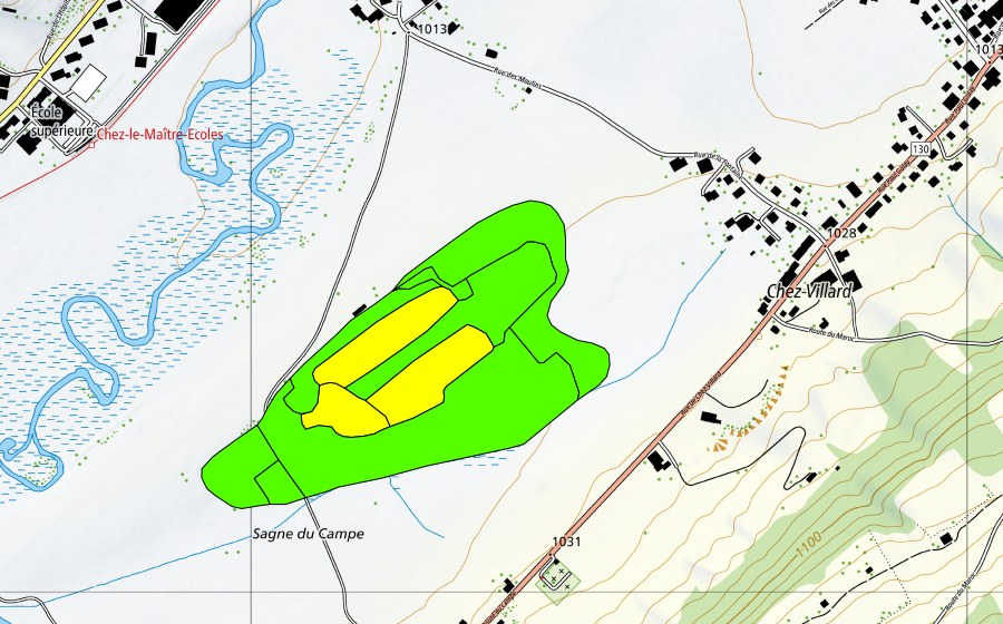 swisstopo national map showing the protected perimeter of La Sagne du Campe (Raised bog)