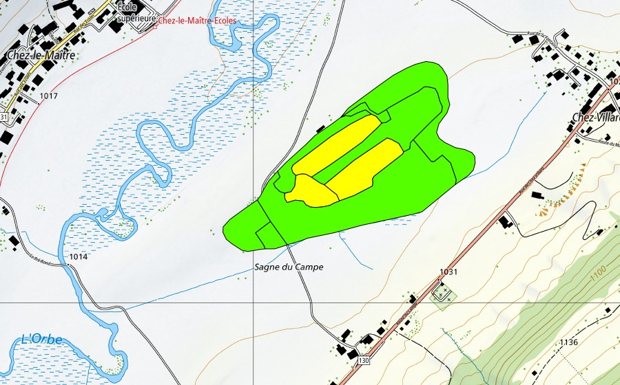 Carte nationale swisstopo avec le périmètre protégé de La Sagne du Campe (Haut-marais)
