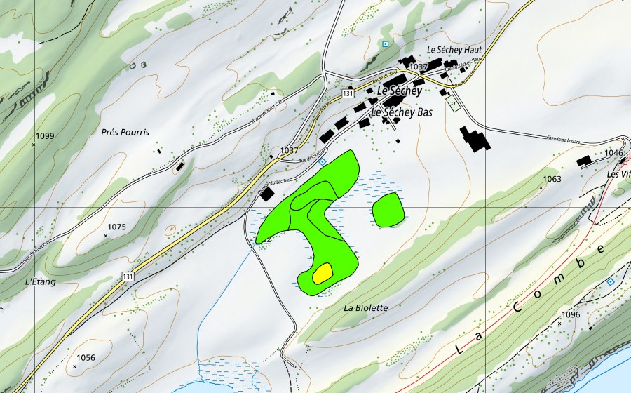 Landeskarte swisstopo mit dem Schutzperimeter von La Sagne du Séchey (Hochmoor)
