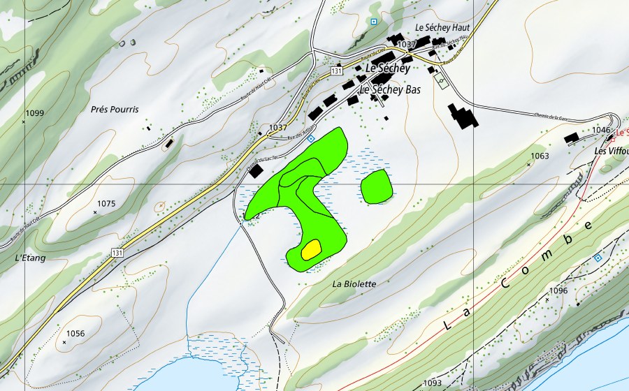 swisstopo national map showing the protected perimeter of La Sagne du Séchey (Raised bog)