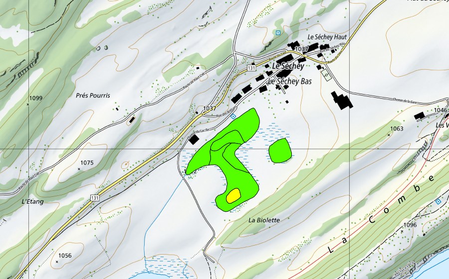 Landeskarte swisstopo mit dem Schutzperimeter von La Sagne du Séchey (Hochmoor)