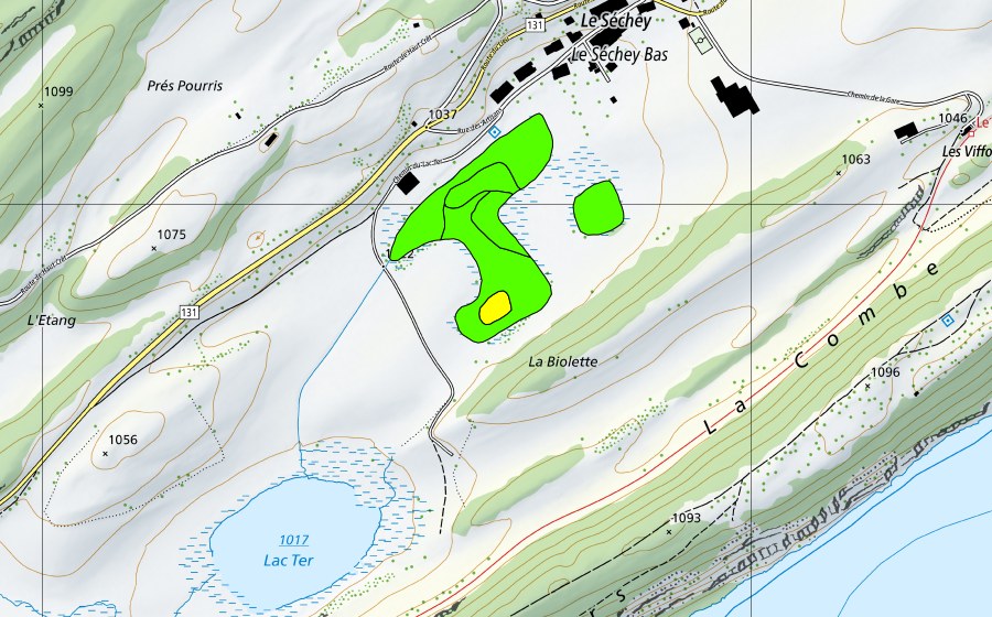 Landeskarte swisstopo mit dem Schutzperimeter von La Sagne du Séchey (Hochmoor)