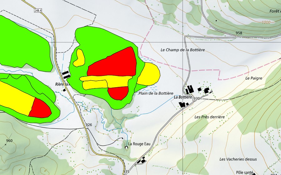swisstopo national map showing the protected perimeter of La Sagne et les Tourbières de Bellelay (Raised bog)
