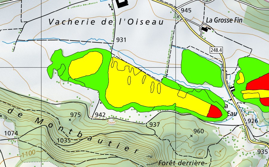 swisstopo national map showing the protected perimeter of La Sagne et les Tourbières de Bellelay (Raised bog)
