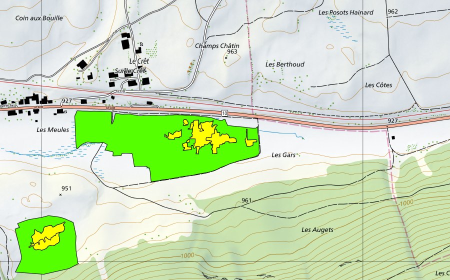 Landeskarte swisstopo mit dem Schutzperimeter von La Sagnette/Les Tourbières (Hochmoor)