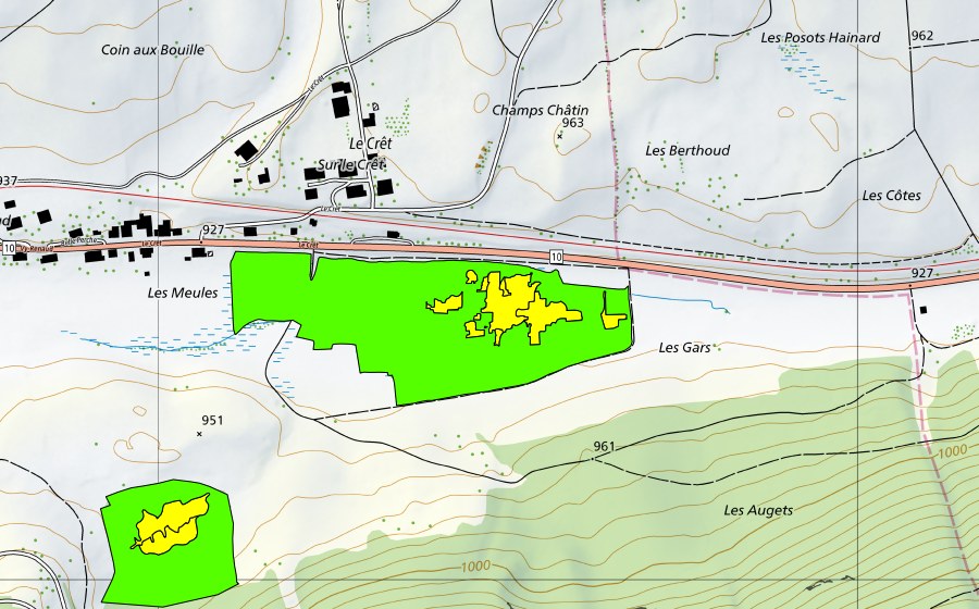 Carte nationale swisstopo avec le périmètre protégé de La Sagnette/Les Tourbières (Haut-marais)