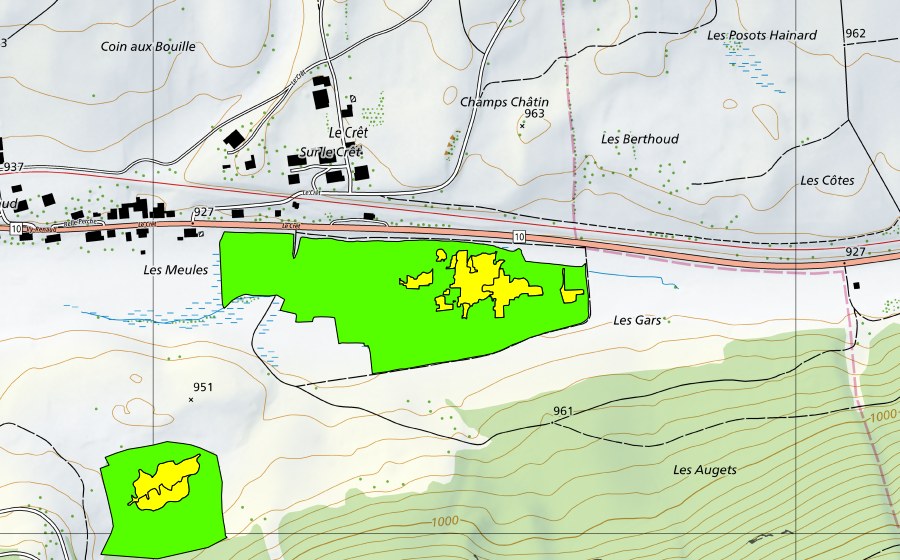 Landeskarte swisstopo mit dem Schutzperimeter von La Sagnette/Les Tourbières (Hochmoor)