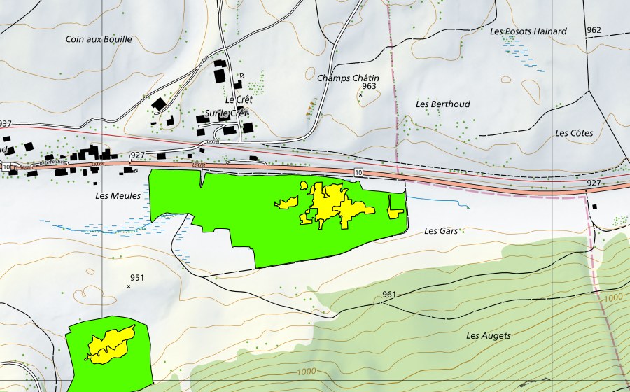 swisstopo national map showing the protected perimeter of La Sagnette/Les Tourbières (Raised bog)