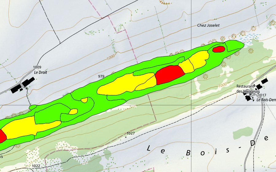 Carte nationale swisstopo avec le périmètre protégé de La Saigne à l'est des Rouges-Terres (Haut-marais)