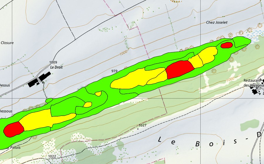 Carte nationale swisstopo avec le périmètre protégé de La Saigne à l'est des Rouges-Terres (Haut-marais)