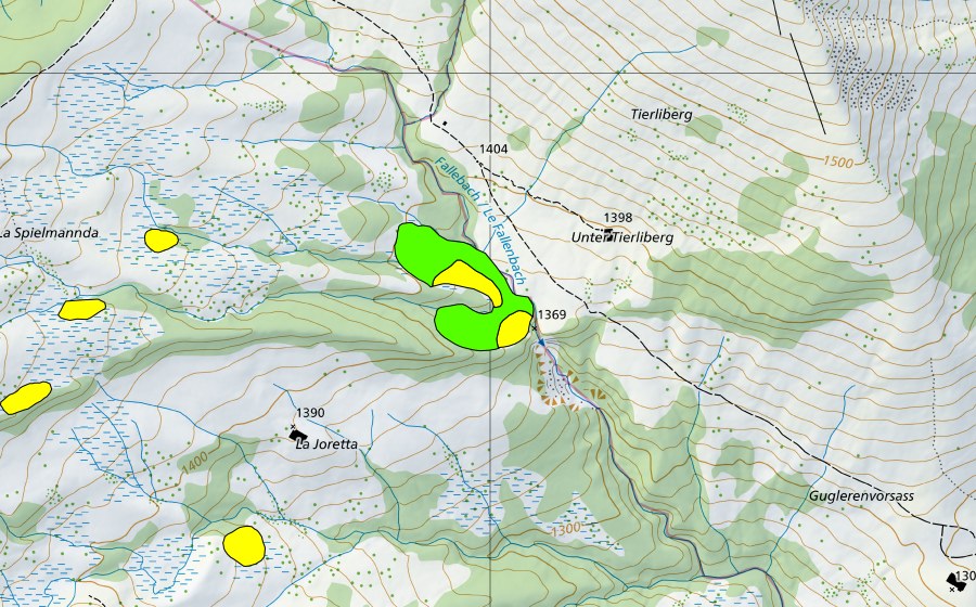 Landeskarte swisstopo mit dem Schutzperimeter von La Spielmannda/Untertierliberg (Hochmoor)