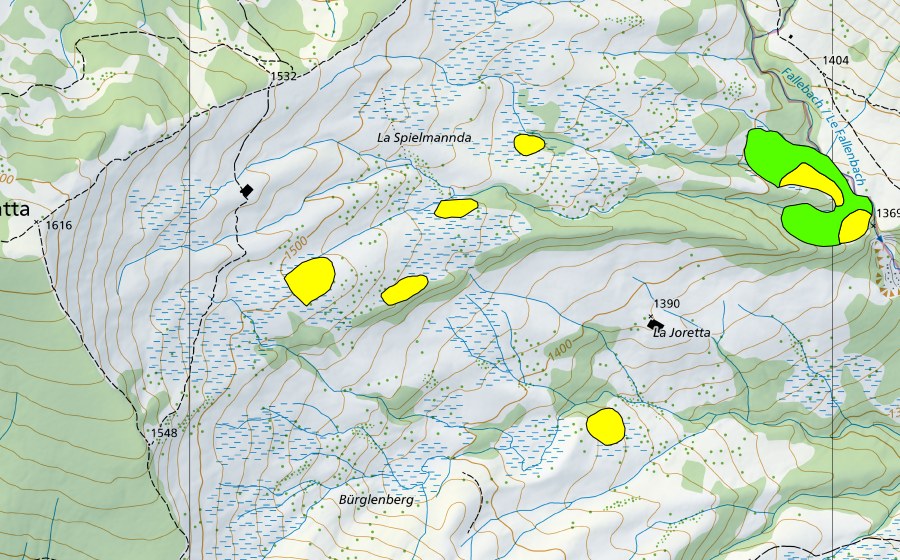 Carta nazionale swisstopo con il perimetro protetto di La Spielmannda/Untertierliberg (Torbiera alta)