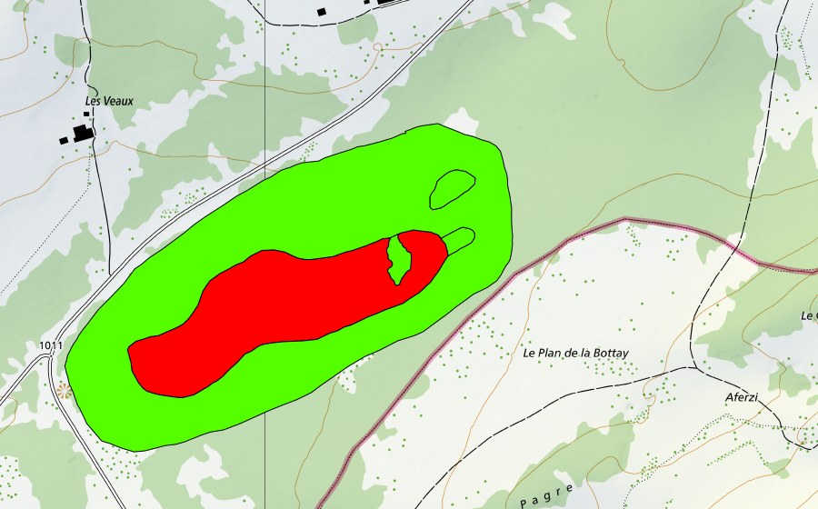 Landeskarte swisstopo mit dem Schutzperimeter von La Tourbière au sud des Veaux (Hochmoor)