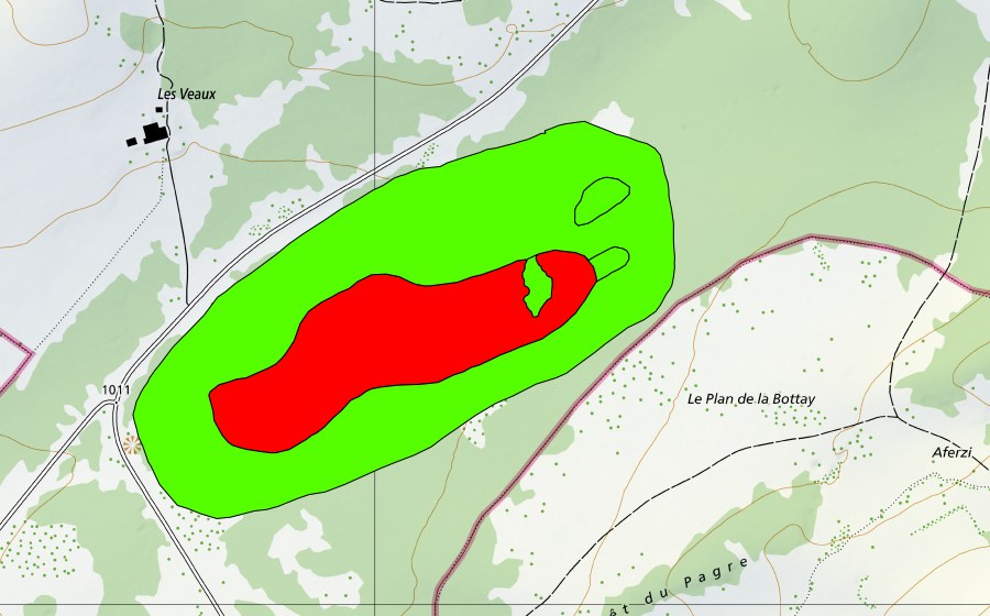 Carte nationale swisstopo avec le périmètre protégé de La Tourbière au sud des Veaux (Haut-marais)