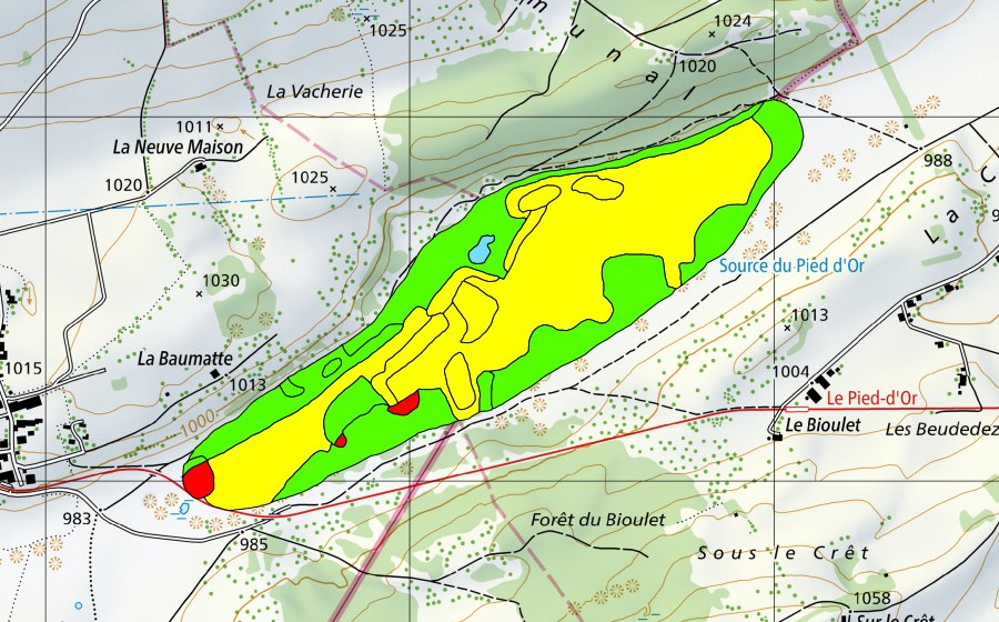 Carte nationale swisstopo avec le périmètre protégé de La Tourbière de la Chaux-des-Breuleux (Haut-marais)