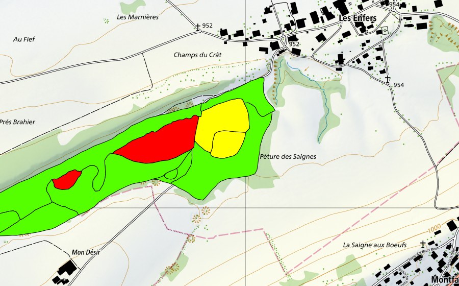 Landeskarte swisstopo mit dem Schutzperimeter von La Tourbière des Enfers (Hochmoor)