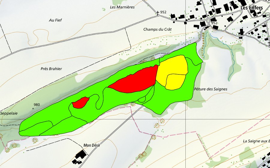 Carte nationale swisstopo avec le périmètre protégé de La Tourbière des Enfers (Haut-marais)