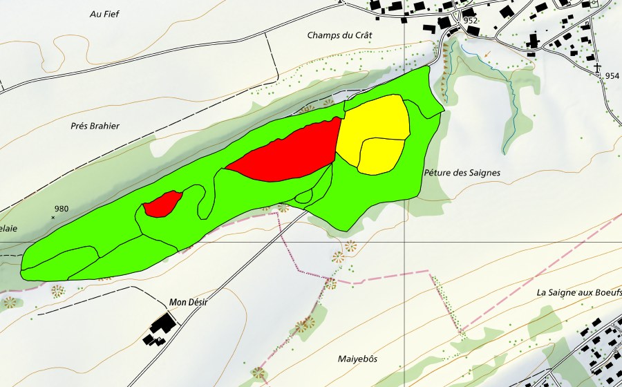 Carte nationale swisstopo avec le périmètre protégé de La Tourbière des Enfers (Haut-marais)